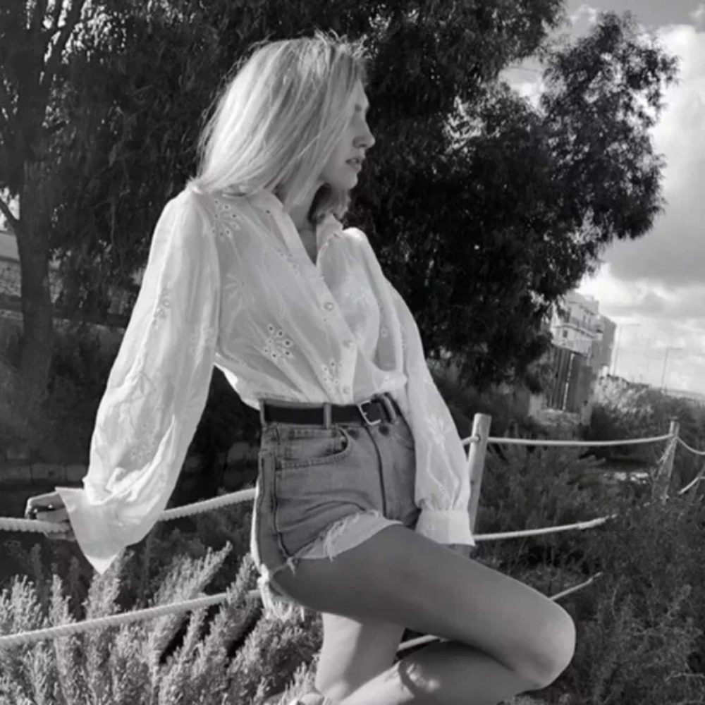 SOLD OUT White Boho Floral Eyelet Button Up Blouse - Picture 8 of 15